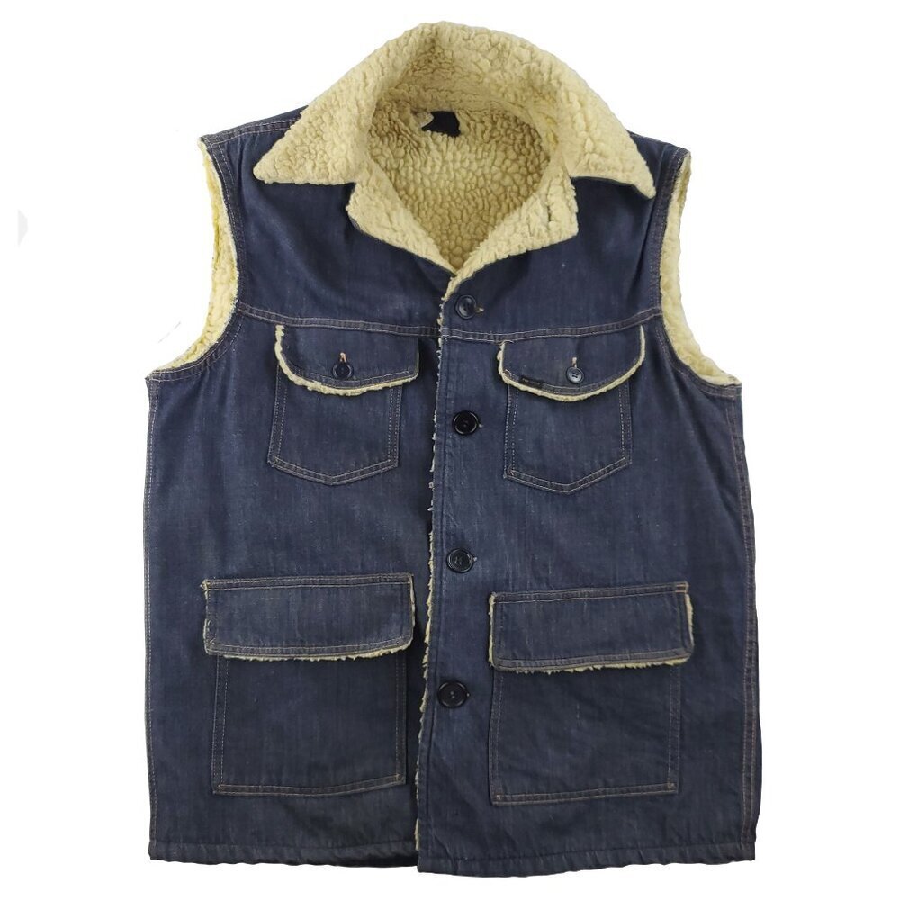 Sears Roebucks Vintage Denim Vest Sherpa Lined Button Up Men's Size 44 (XL Fit)